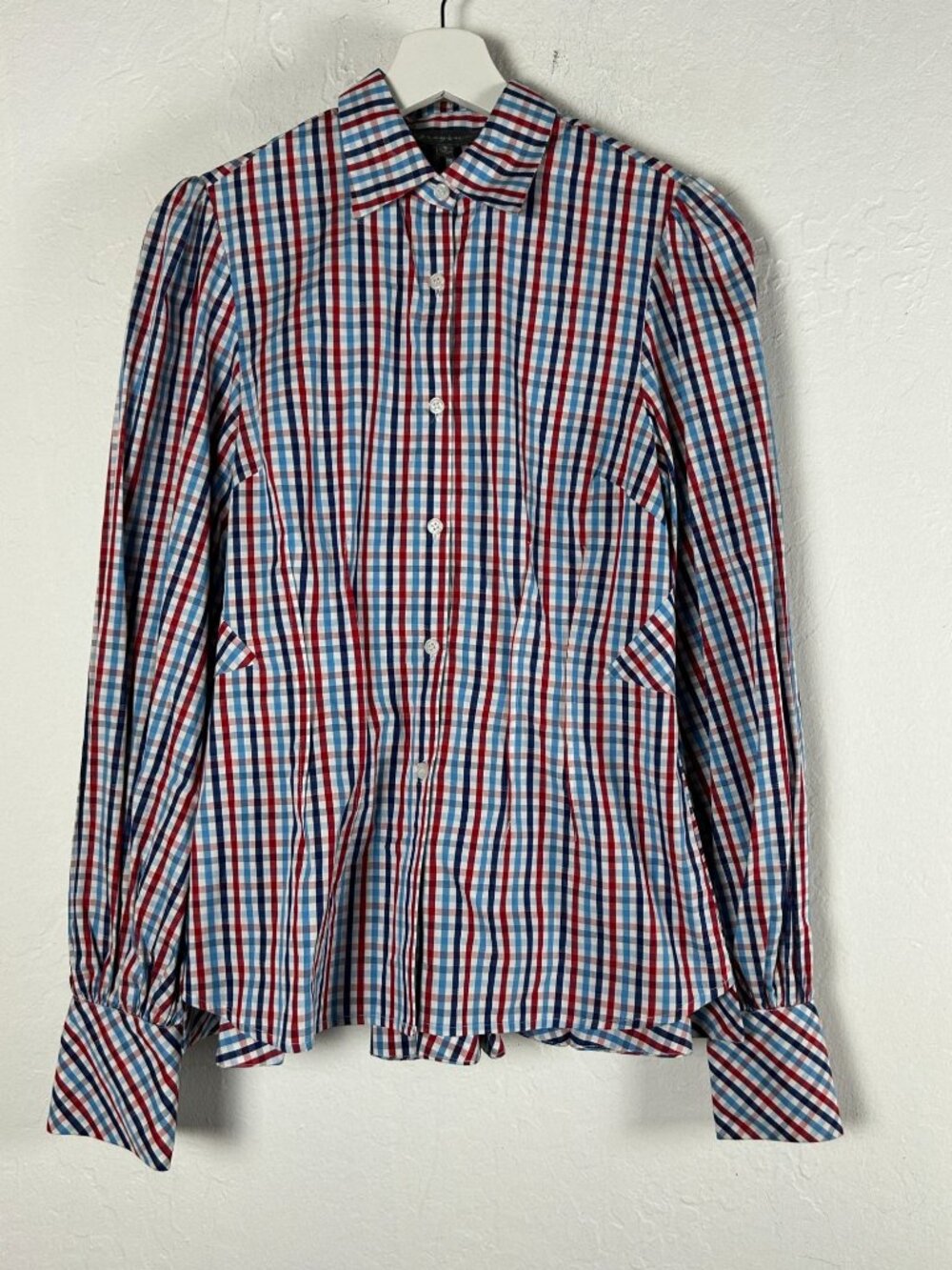Greyson Womens Red & Blue Gingham Button-Down Peplum Shirt Small Long Sleeve